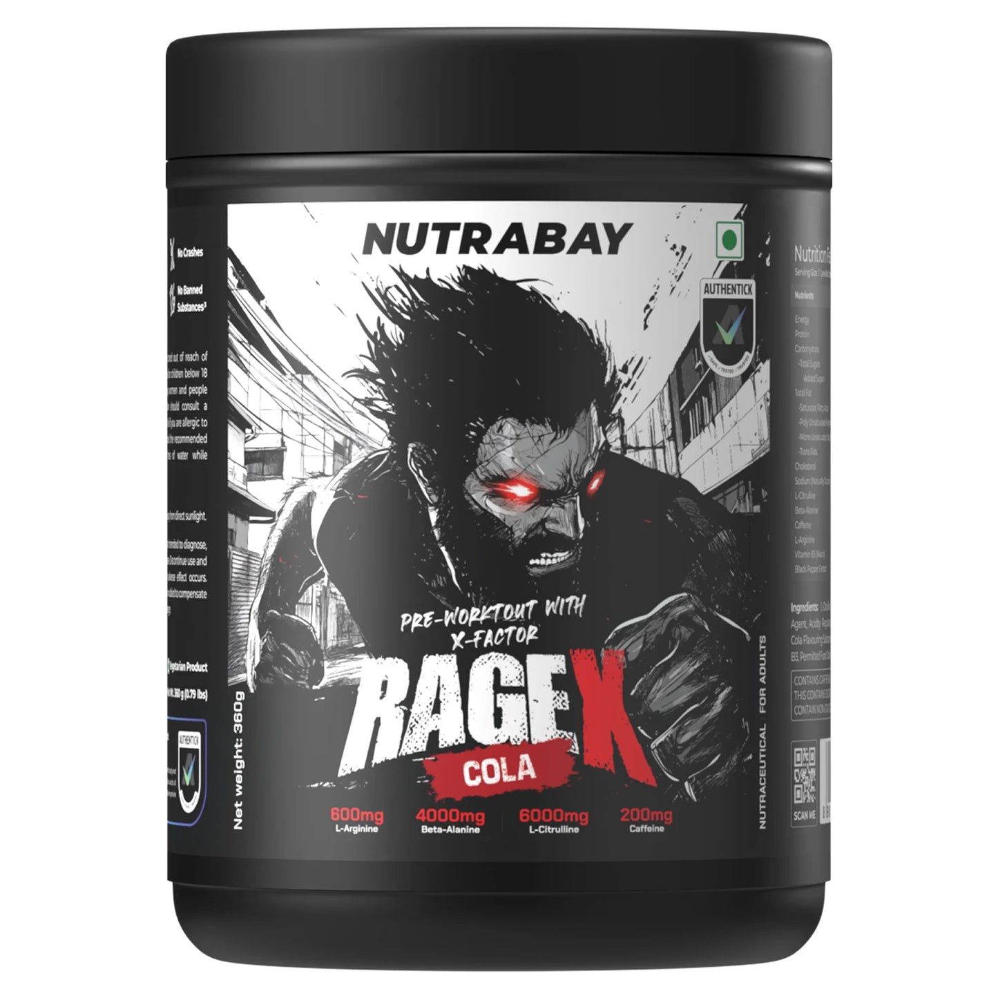 Nutrabay RageX Pre-Workout | L-Citrulline, Beta-Alanine, Caffeine & Black Pepper Extract | Energy, Focus & Pump - 360 gm (0.79 Lb)