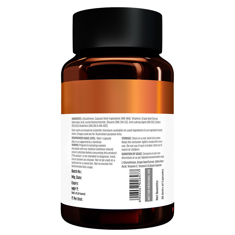 Glutathione
Unflavoured • 30 capsules
Promotes skin glow • Helps reduce pigmentation