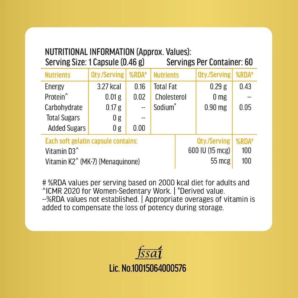 HK vitals Vitamin D3 + K2 (MK-7) (600 IU) D3 and K2 for Higher Absorption (60 Capsules)