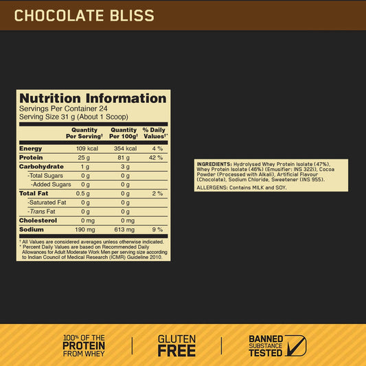 Gold Standard 100% Whey Protein Isolate| 744 g (1.6 lbs) | Chocolate Bliss