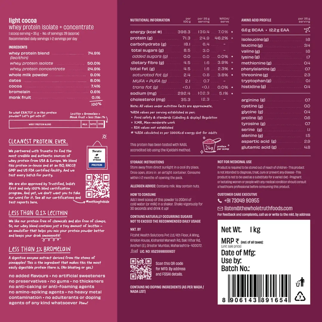 The Whole Truth Light Cocoa 24 g Protein Powder