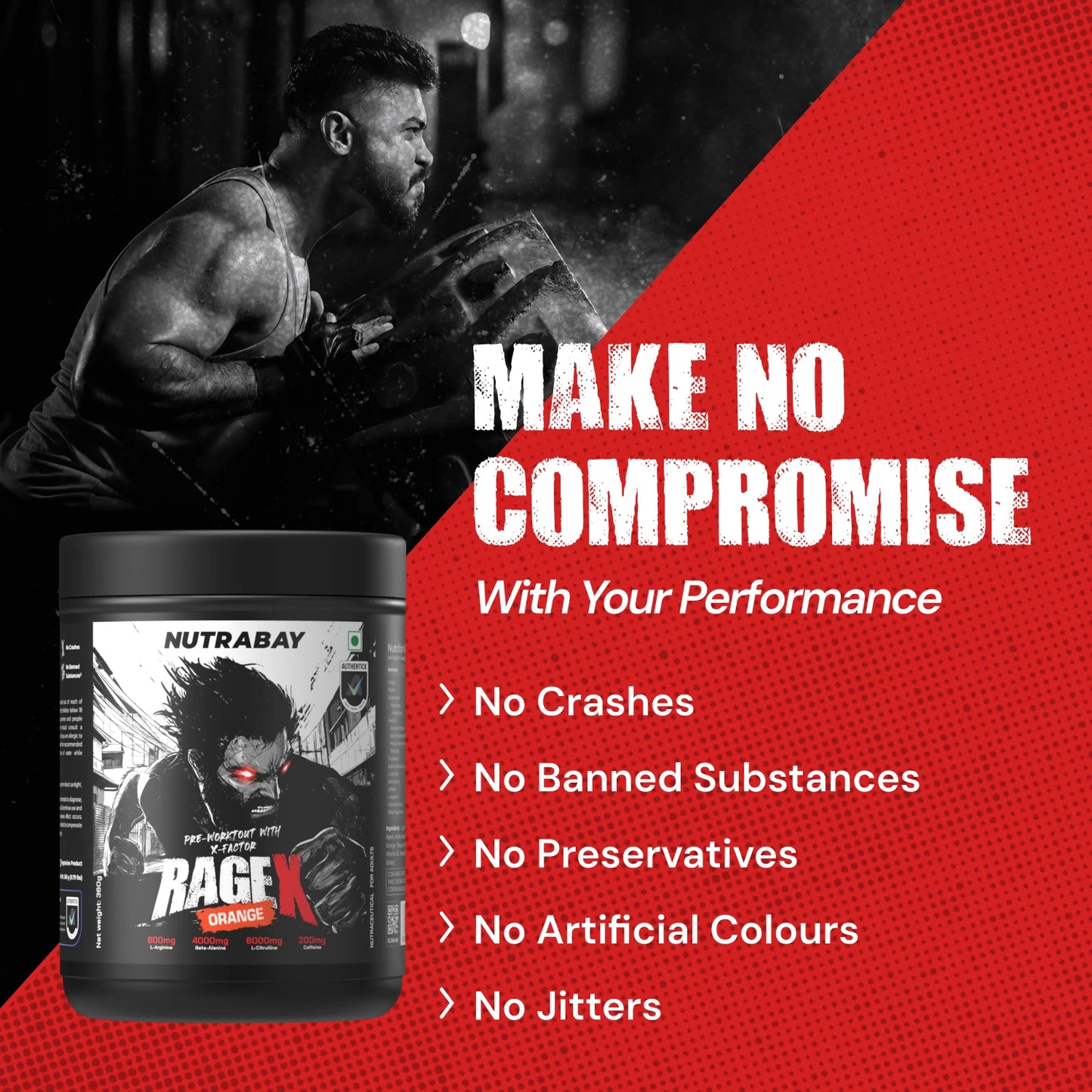 Nutrabay RageX Pre-Workout | L-Citrulline, Beta-Alanine, Caffeine & Black Pepper Extract | Energy, Focus & Pump - 360 gm (0.79 Lb)
