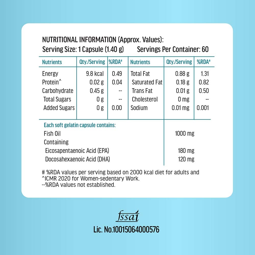 HK Vitals Fish Oil 1000mg with 180mg EPA and 120mg DHA
60 capsules