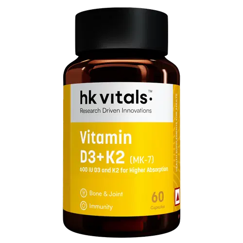 HK vitals Vitamin D3 + K2 (MK-7) (600 IU) D3 and K2 for Higher Absorption (60 Capsules)