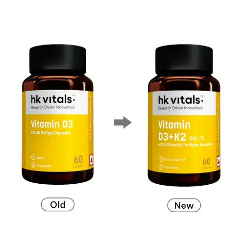 HK vitals Vitamin D3 + K2 (MK-7) (600 IU) D3 and K2 for Higher Absorption (60 Capsules)