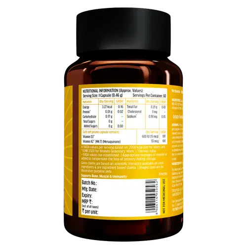 HK vitals Vitamin D3 + K2 (MK-7) (600 IU) D3 and K2 for Higher Absorption (60 Capsules)