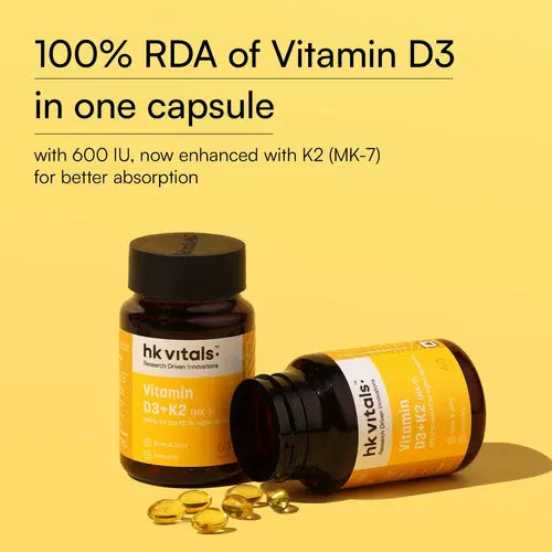 HK vitals Vitamin D3 + K2 (MK-7) (600 IU) D3 and K2 for Higher Absorption (60 Capsules)