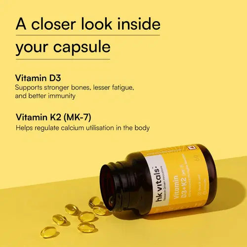 HK vitals Vitamin D3 + K2 (MK-7) (600 IU) D3 and K2 for Higher Absorption (60 Capsules)