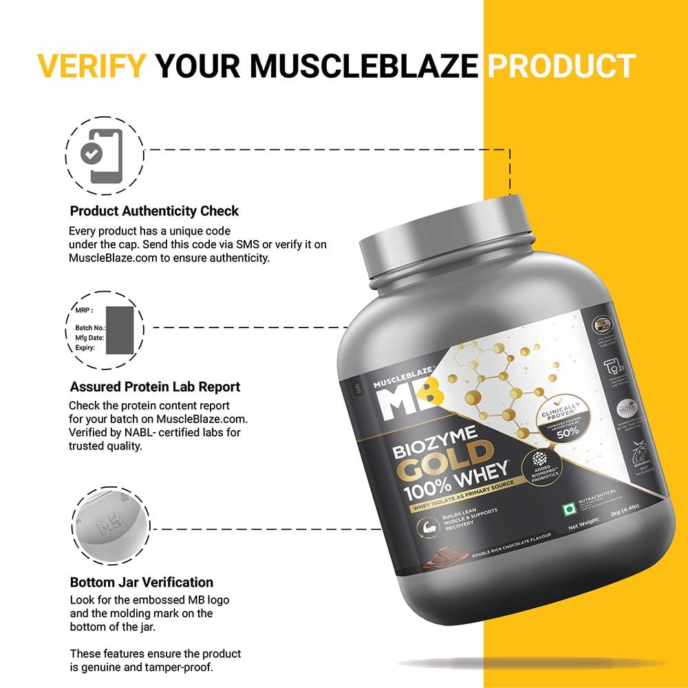 MuscleBlaze Biozyme Gold 100% Whey | 2kg • Double Rich Chocolate