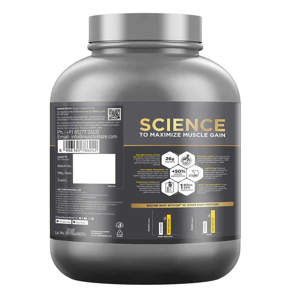 MuscleBlaze Biozyme Gold 100% Whey | 2kg • Double Rich Chocolate