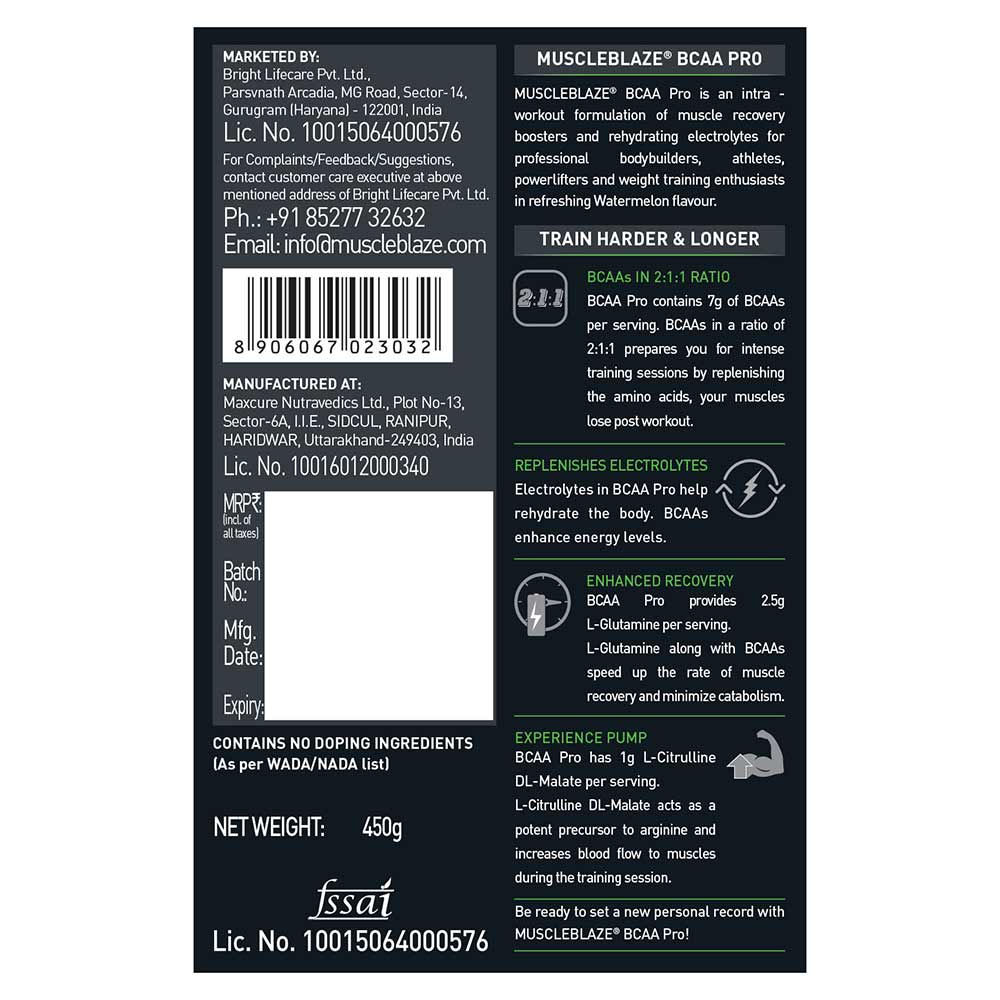 MuscleBlaze BCAA Pro Essential Amino Acids 450g • 30 Servings