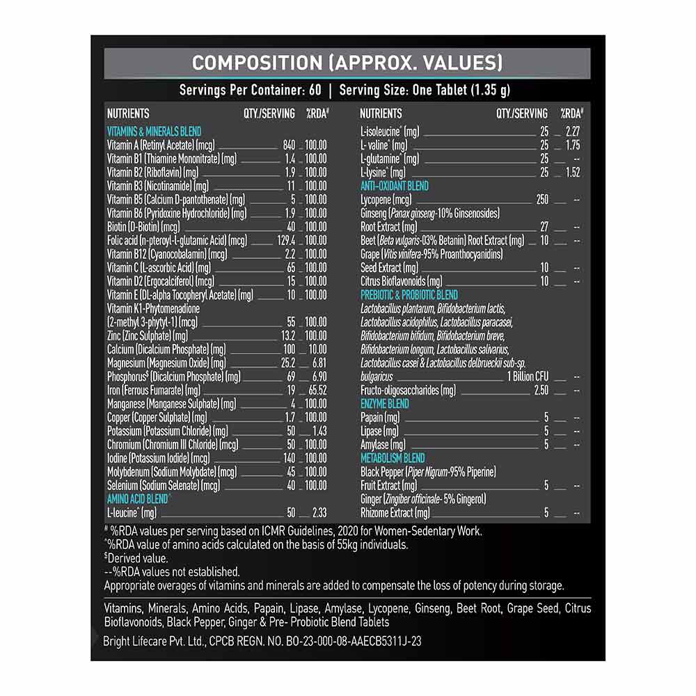 MuscleBlaze MB-VITE Daily Multivitamin, for Enhanced Energy, Stamina & Gut Health
60 tablet(s) • Unflavoured