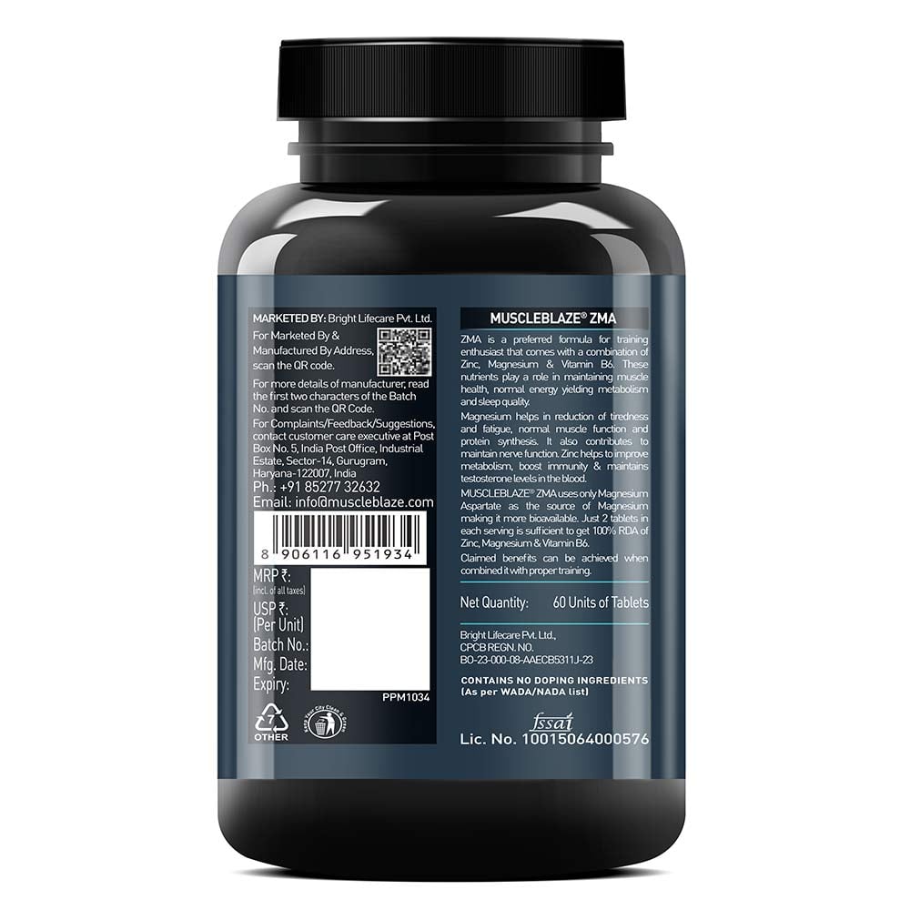 MuscleBlaze ZMA with 100% RDA of Zinc, Magnesium & Vitamin B6
60 tablet(s) • Unflavoured