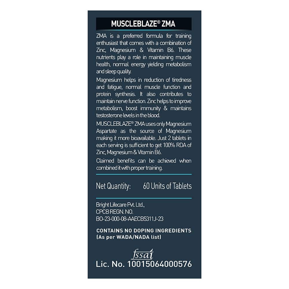 MuscleBlaze ZMA with 100% RDA of Zinc, Magnesium & Vitamin B6
60 tablet(s) • Unflavoured