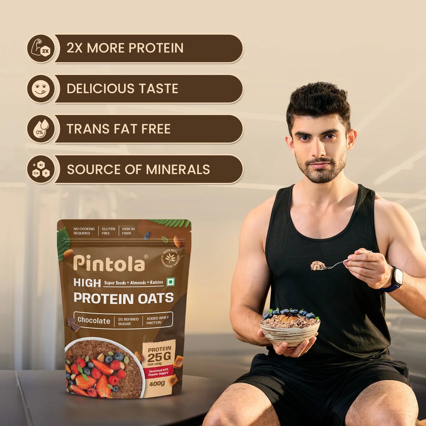Pintola High Protein Oats - 1 Kg (2.2 Lb), Dark Chocolate