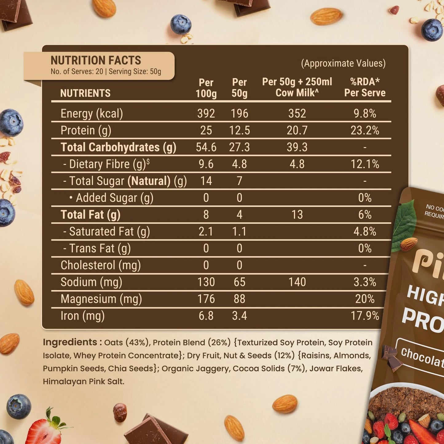 Pintola High Protein Oats - 1 Kg (2.2 Lb), Dark Chocolate