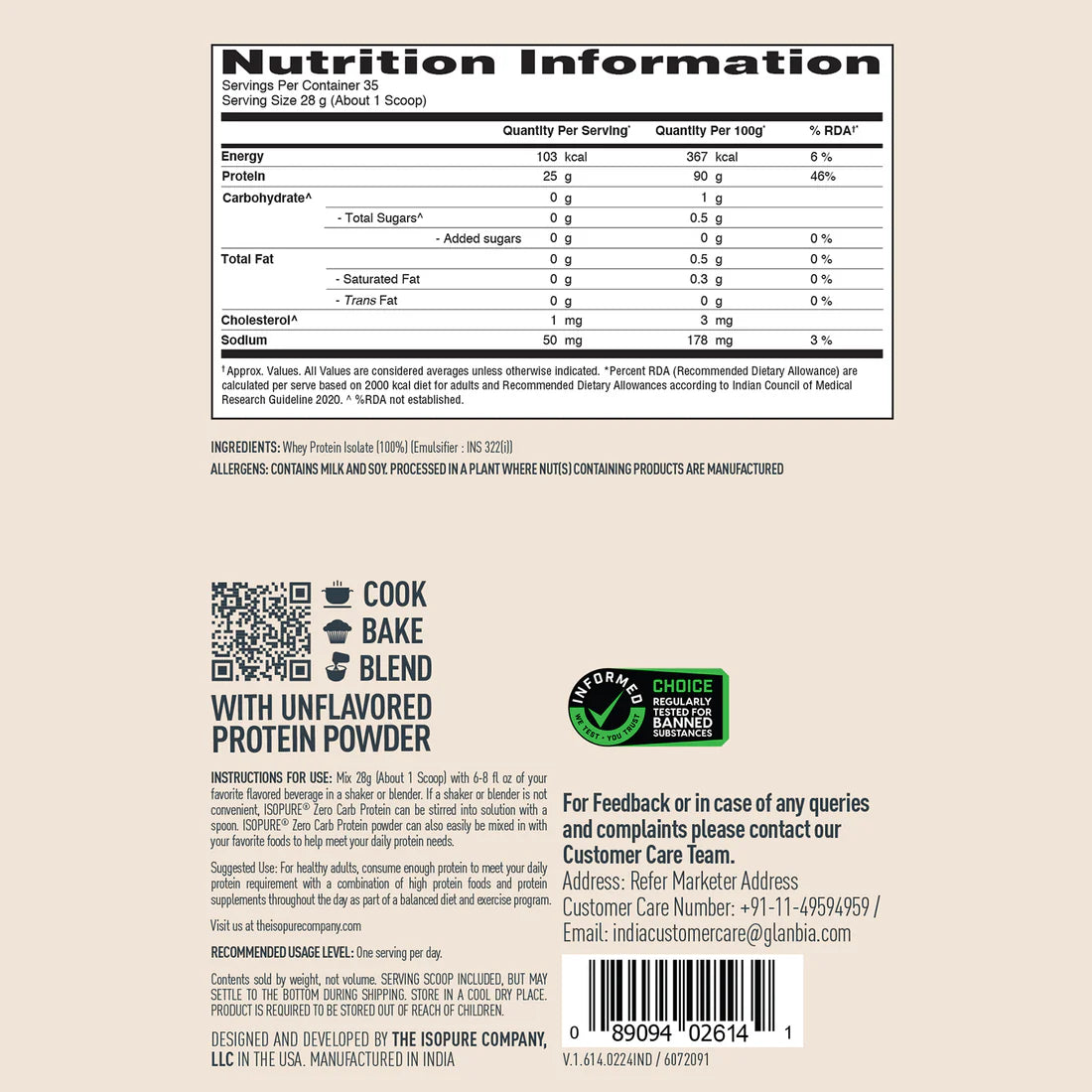 Isopure Zero Carb Protein– 1 kg / 2.2 lbs (Unflavoured)
