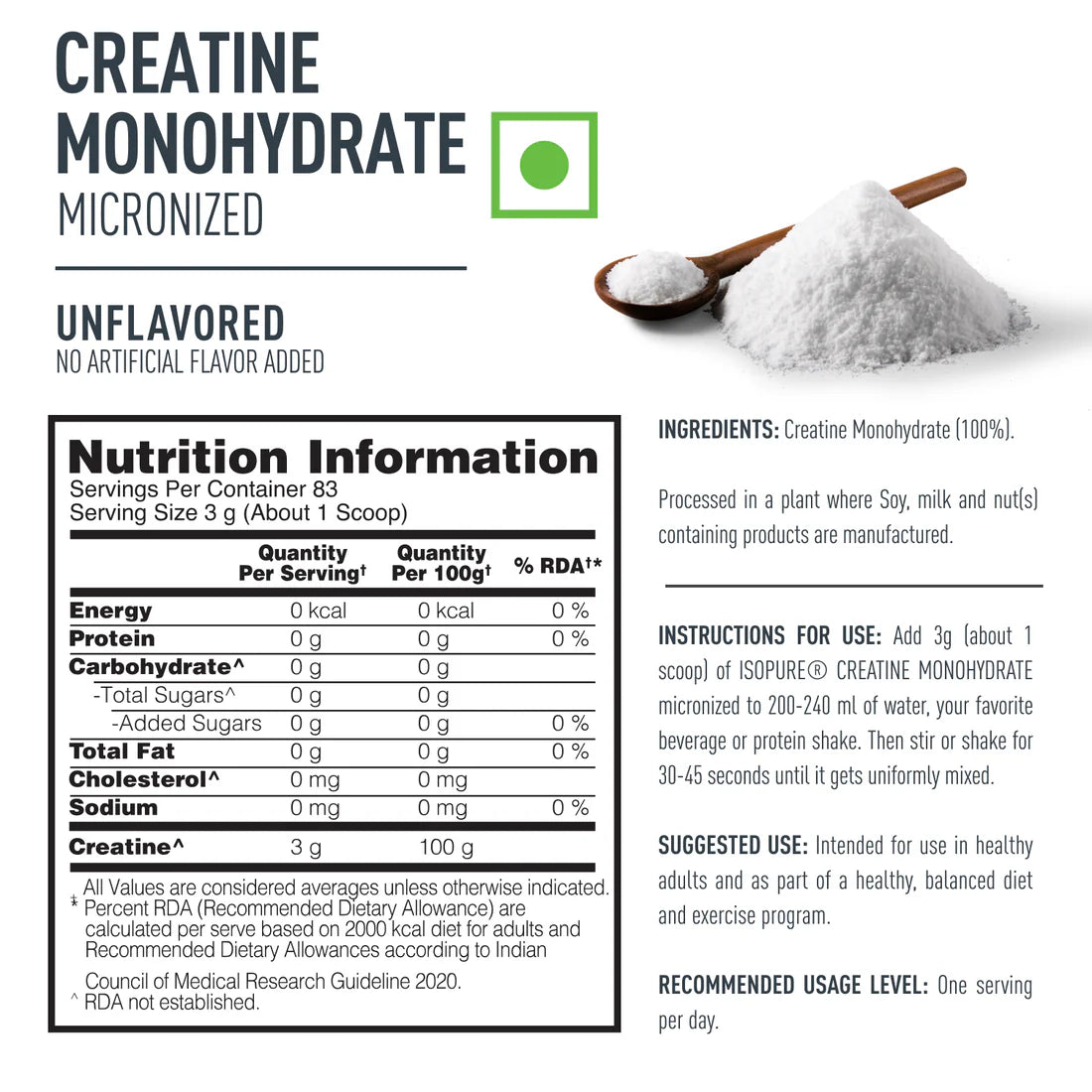 Isopure 100% Creatine Monohydrate Micronized, 250g- 83 servings