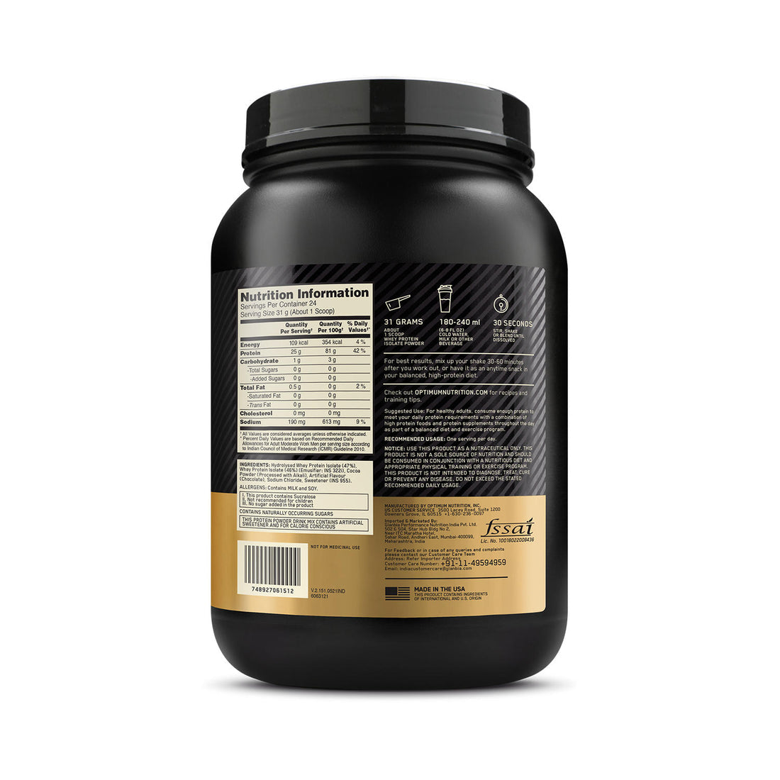 Gold Standard 100% Whey Protein Isolate| 744 g (1.6 lbs) | Chocolate Bliss