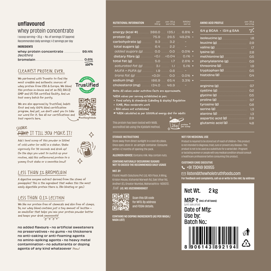The Whole Truth Unflavoured Raw Whey Protein Concentrate 26 g - Pack of 2 KG