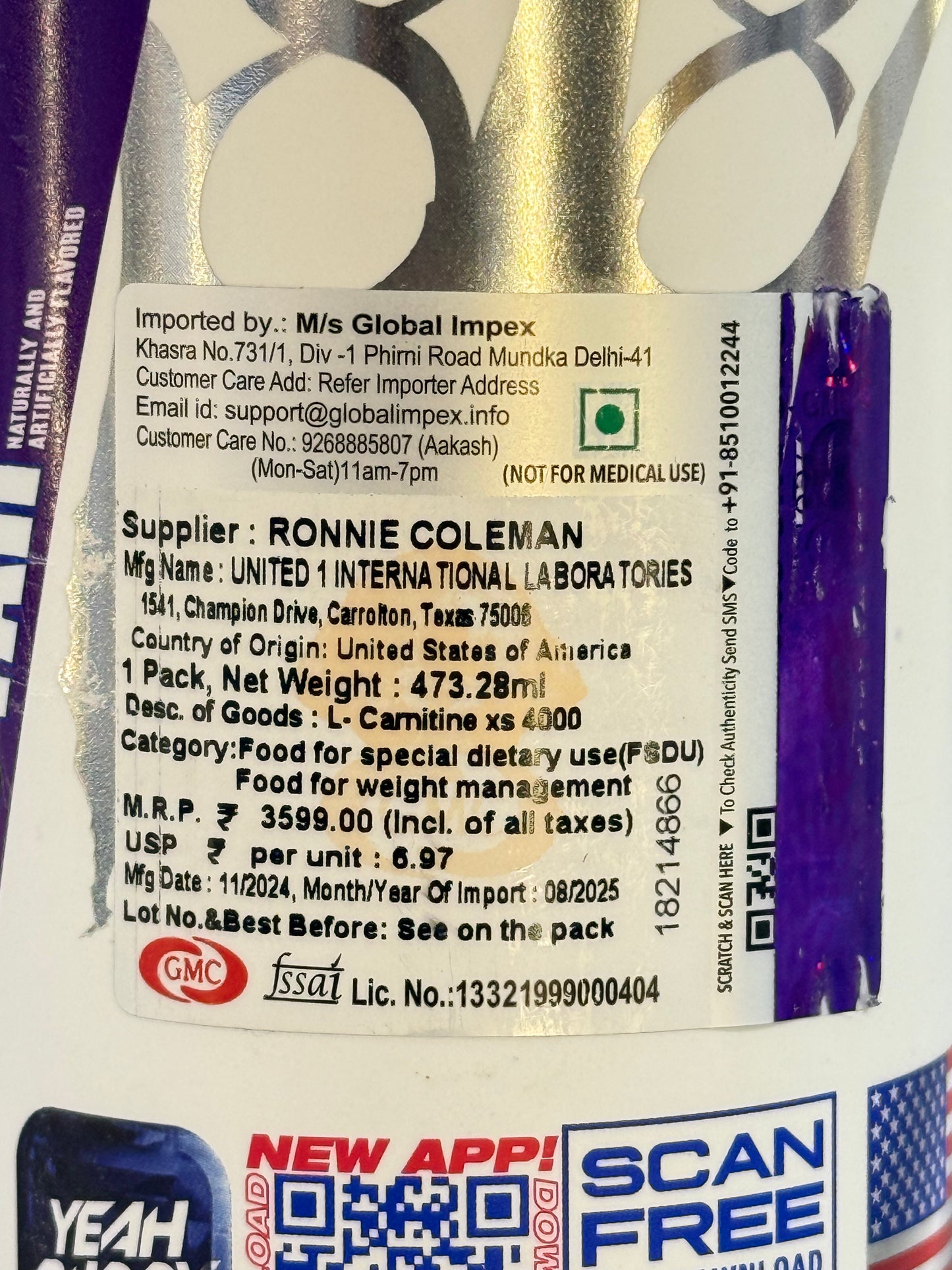 Ronnie Coleman XS L-Carnitine Liquid 4000MG 473.28ML (31 Servings)